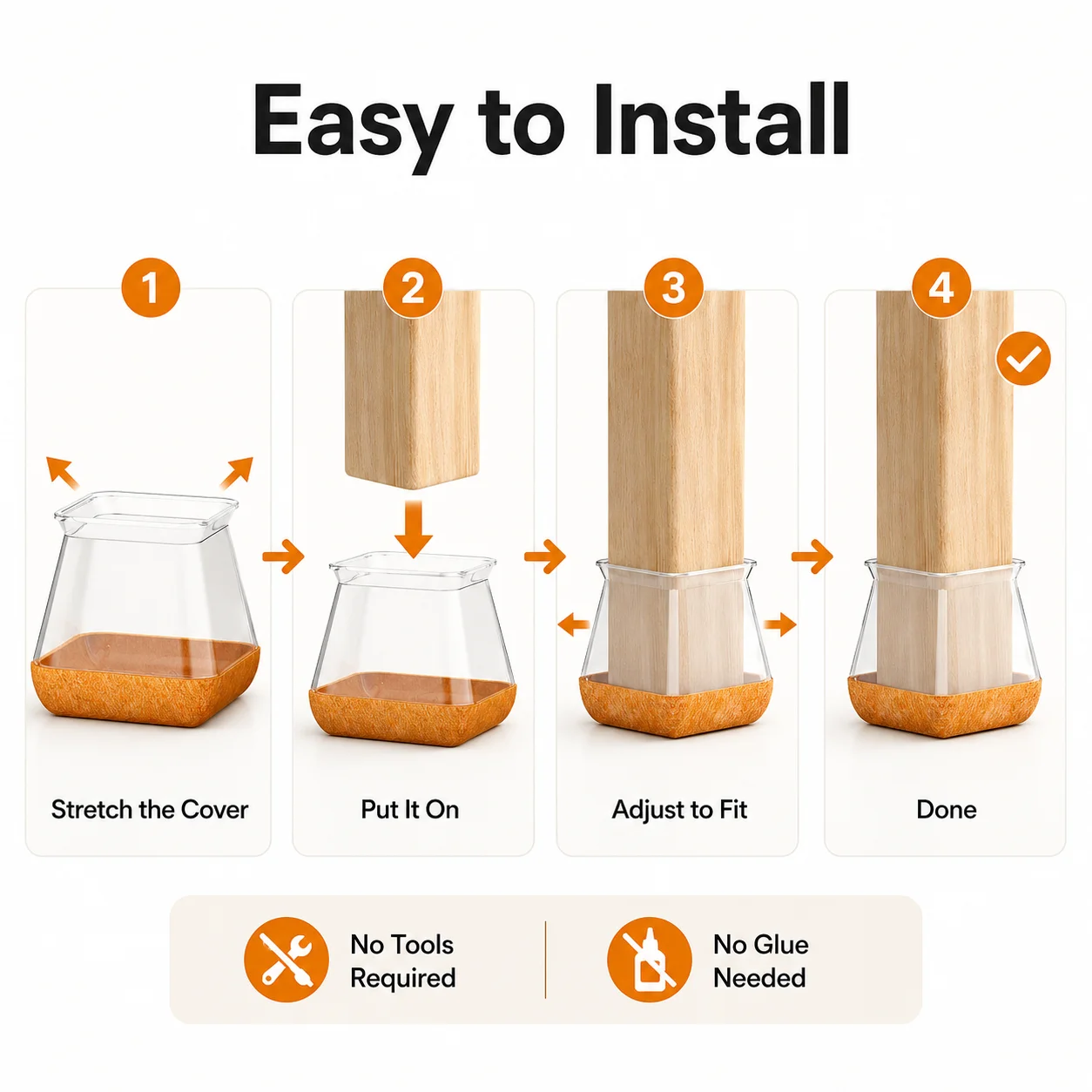 24PCS Square Chair Leg Floor Protectors Silicone Chair Feet Caps with Felt Pads, Transparent Furniture Leg Covers for Hardwood