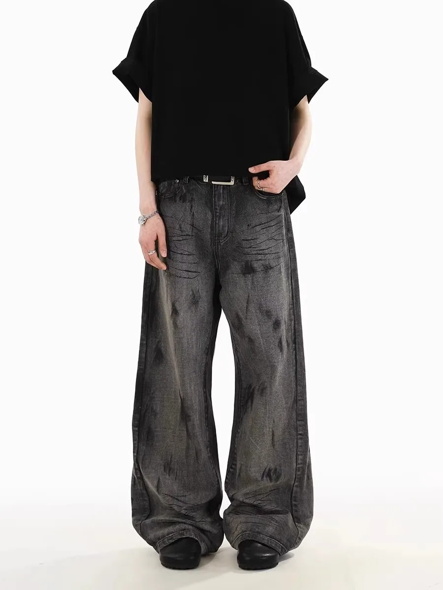 الرجعية الأمريكية Waed المتعثرة الجينز الرجال الشارع الشهير فضفاض مستقيم الساق بناطيل كاجوال عادية Faion واسعة الساق الطابق طول #5