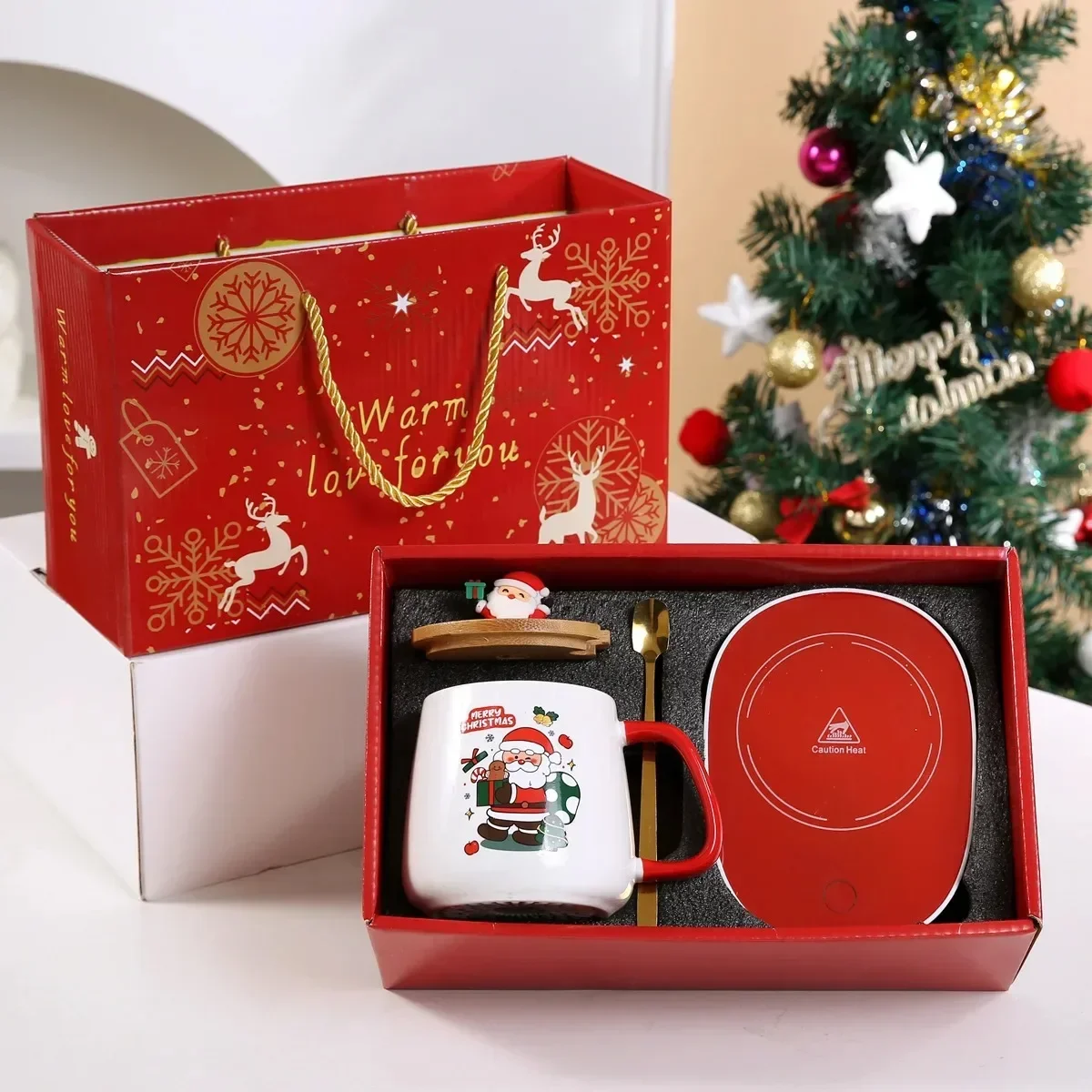 Christmas Gift New Year Set:55 ℃ Thermostat Mugs Cup Santa Claus Ceramic Cup with Lid Spoon Mugs Coffee Cups for Office or Home