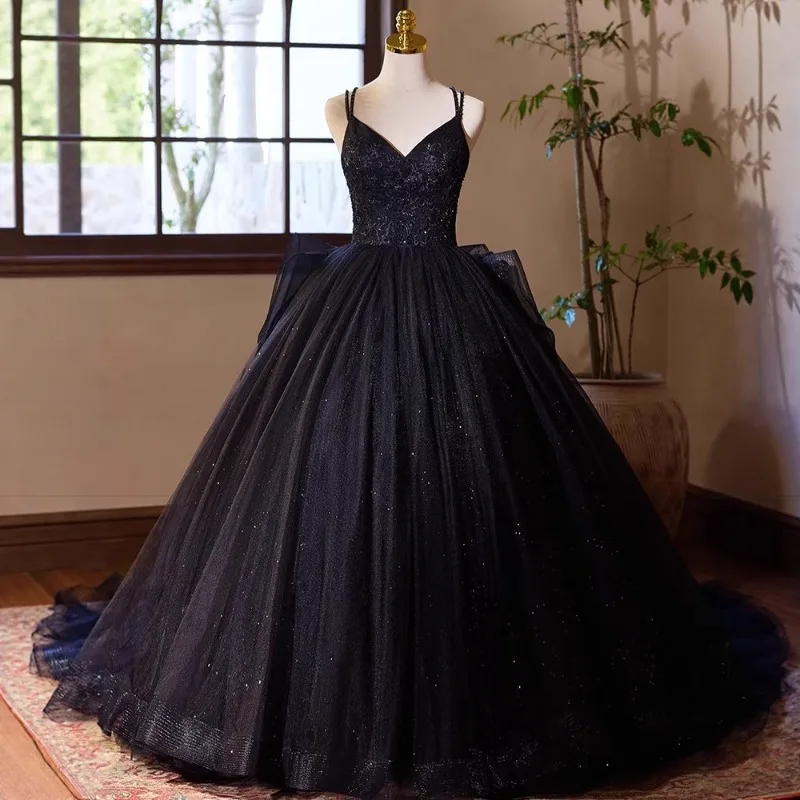 

2026 Women's New Sexy Black Strap Evening Dress Fashionable Slimming Bridal Light Wedding Dress French Puff Skirt High End Dress