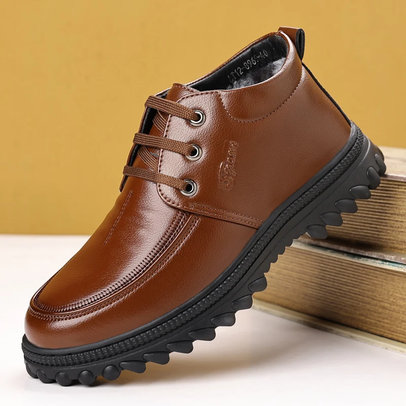 Winter Warm Men Business Cotton Shoes Outdoor Men Boots with Fur Comfortable Man Casual Shoes Genuine Leather Loafers Work Shoes