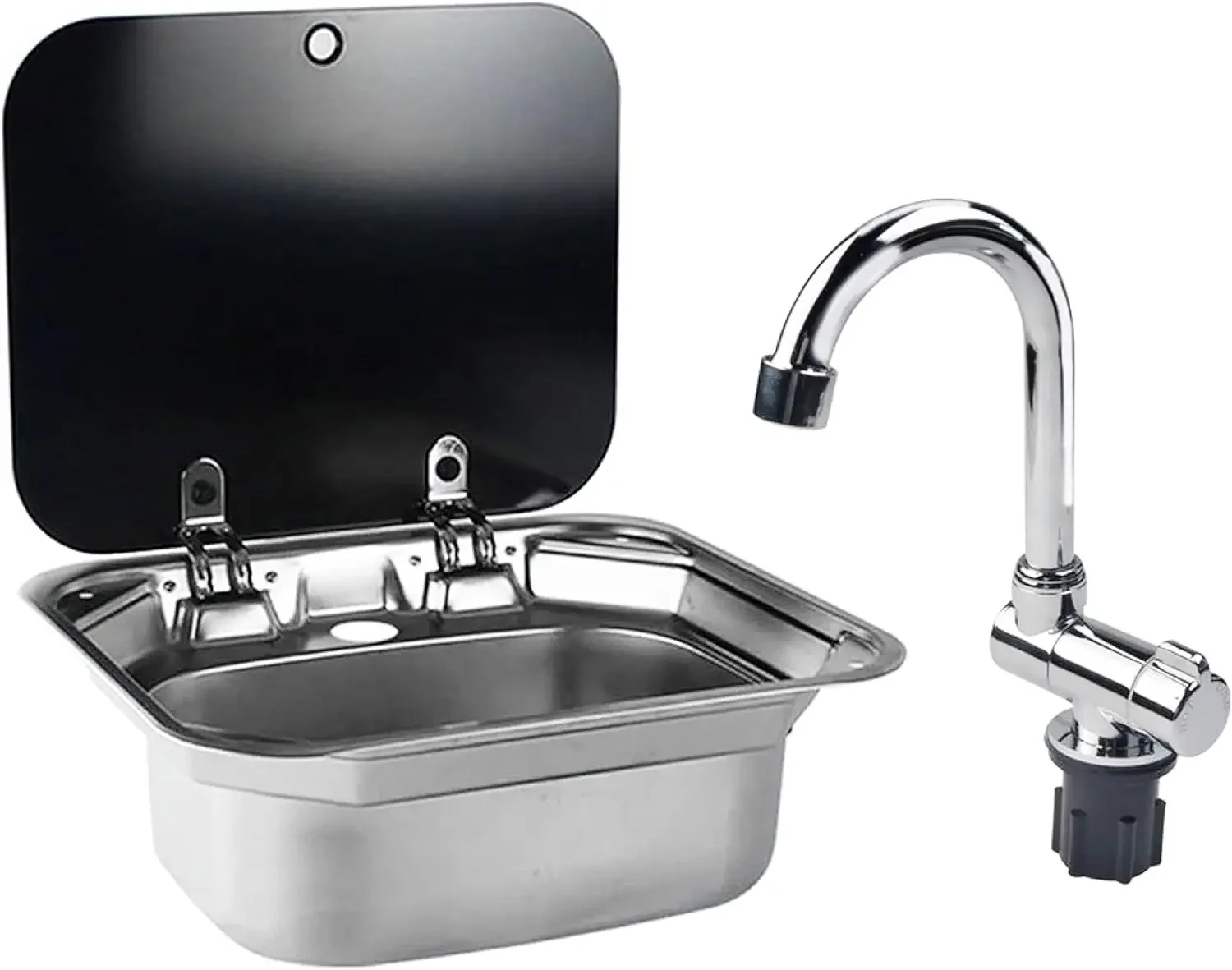 

Hot sale.RV Caravan or Boat Stainless Steel Hand Wash Basin Sink with Folded Faucet Tempered Glass Lid van Camper Trailer Access