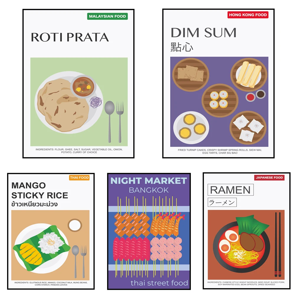 Póster de comida de Hong Kong de Japón, Tailandia, China, Tom Yum, Udon, helado, Ramen, Satay, decoración de cocina Takoyaki