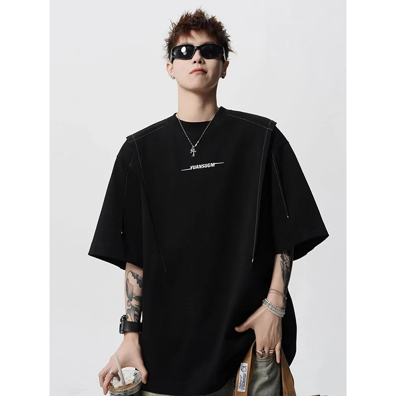 

Black Deconstructed Shoulder Pad T-Shirt Men's American High Street Short Sleeve Stylish Heavyweight Five Sleeve Trendy Brand