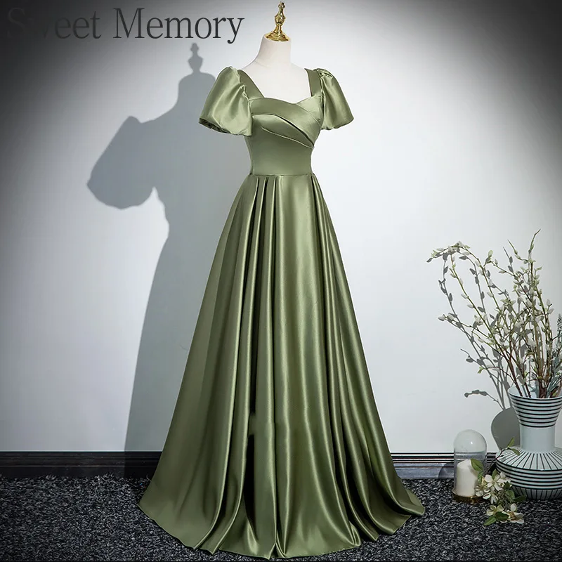 Robe de Soirée en Satin à Col Carré Vert Personnalisé, Tenue Élégante de Bal de Promo d'Anniversaire, sur Mesure, D4119