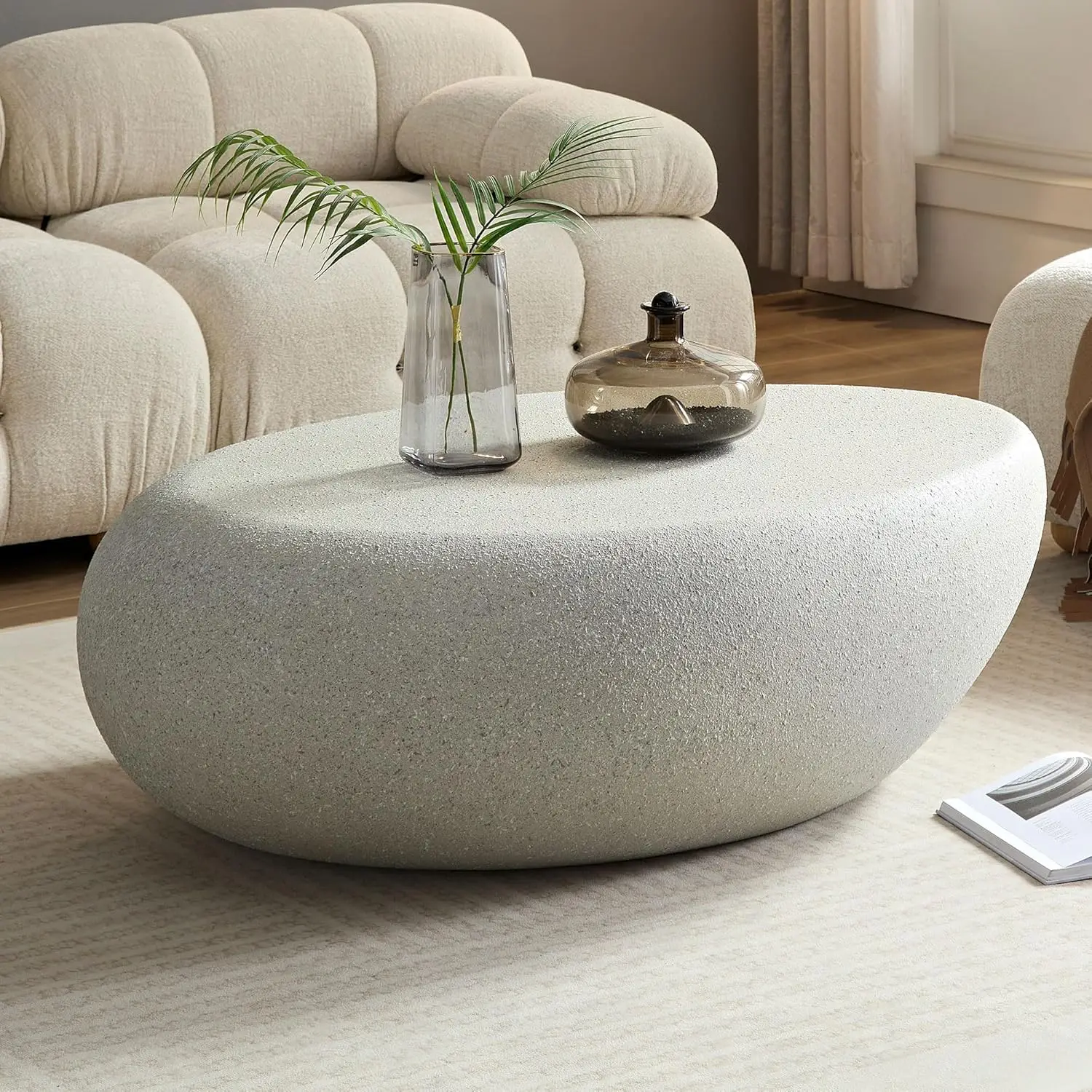 43.3 Inch Oval Coffee Table, Grainy Matte Rock Pattern, Drum Shape Fiberglass Coffee Table Living Room Decorative Side Table