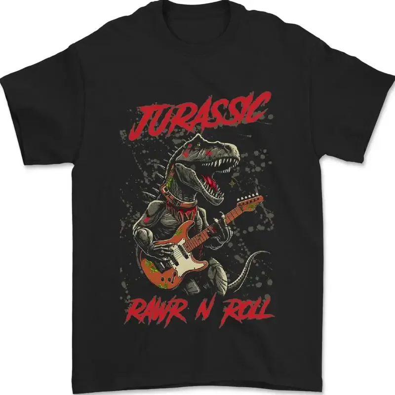 Jurassic Rawr N Roll Dinosaur Guitar Rock Tee Men's 100% Cotton