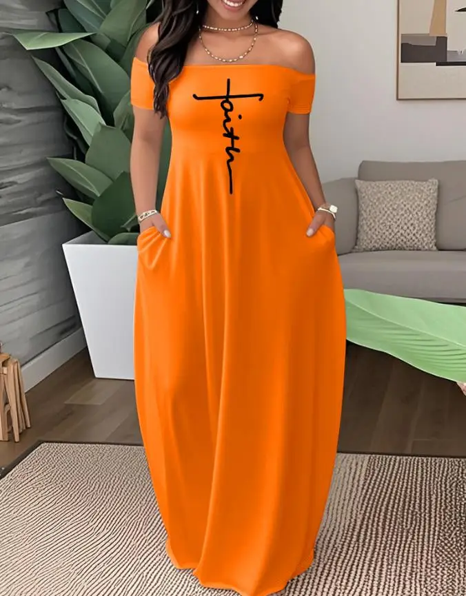 

Faith Print Off The Shoulder Short Sleeve Elegant Maxi Dress with Pocket