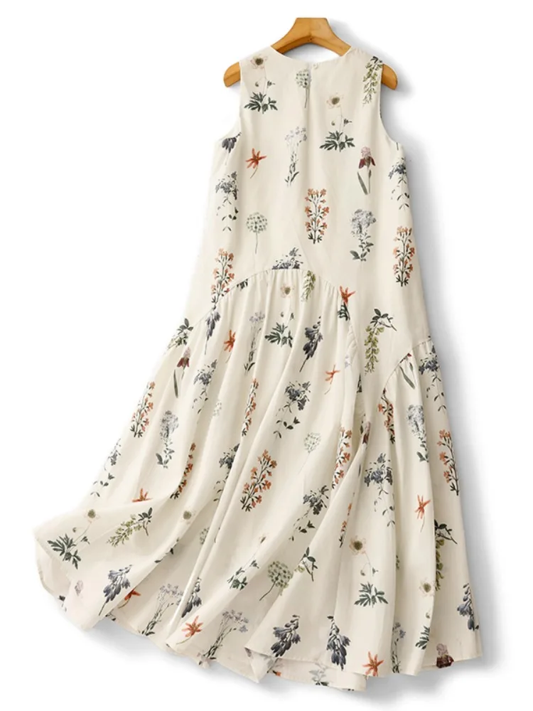 เสื้อกั๊กลายดอกไม้สไตล์เรโทร ดีไซน์ใหม่สำหรับฤดูร้อน กระโปรงมิดิลายดอกไม้ผ้าฝ้ายผสม