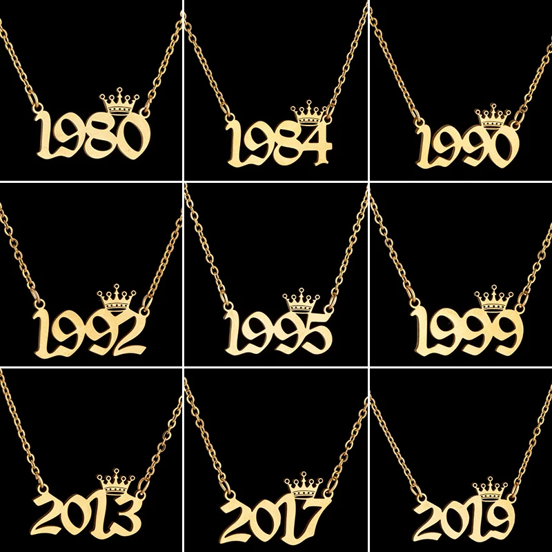 Stainless Steel Crown with Birth Year Number Necklaces for Women Men Special Date Necklace 1980 to 2024 Birthday Gifts
