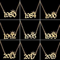 Stainless Steel Crown Year Number Necklaces For Women Men Birth Special Date 1985 1990 1996 2000 Birthday Gift from 1980 to 2025