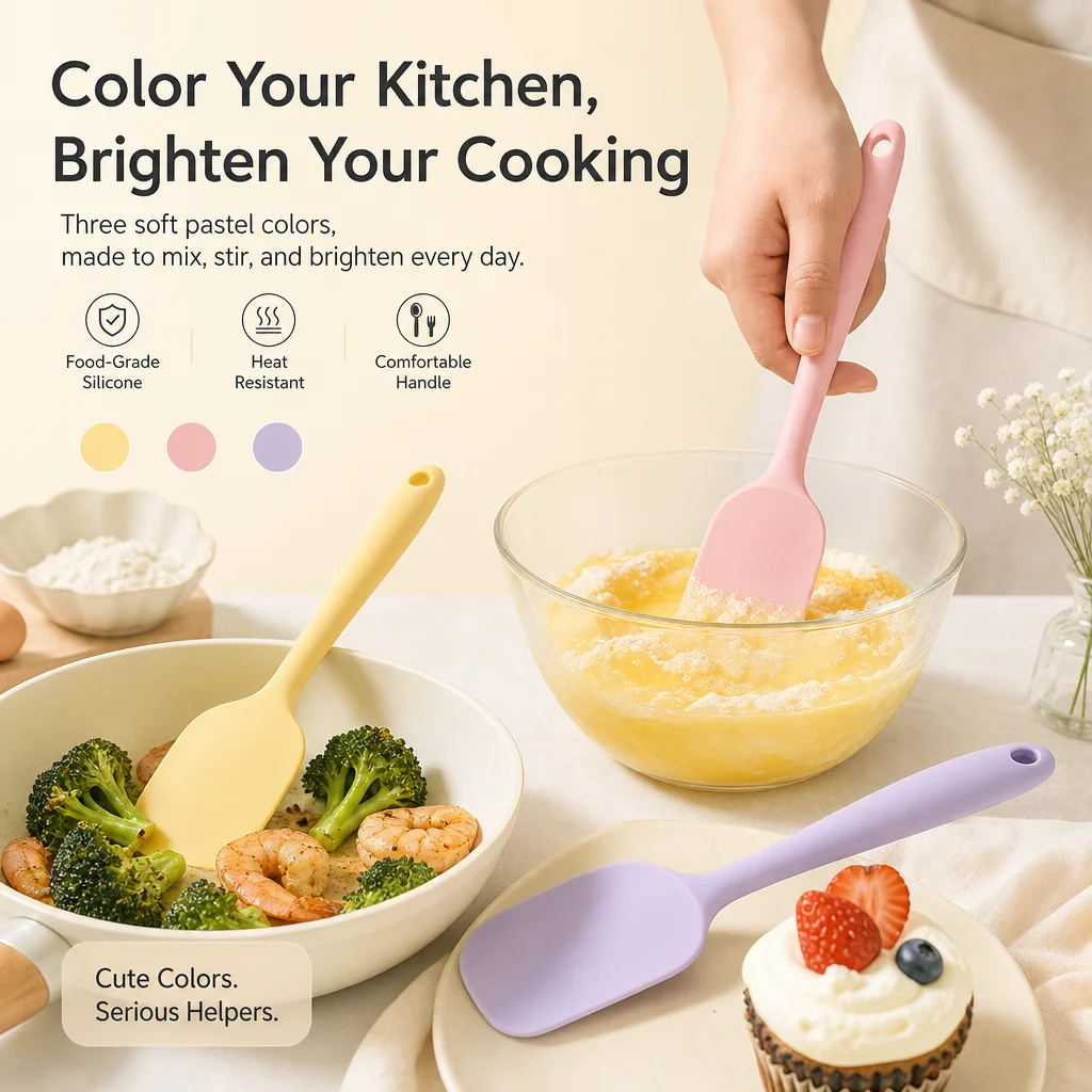 Pastel Color Food Grade Silicone Spatula Heat Resistant Comfortable Handle Non‑scratch Baking Scraper for Home Cake Cooking
