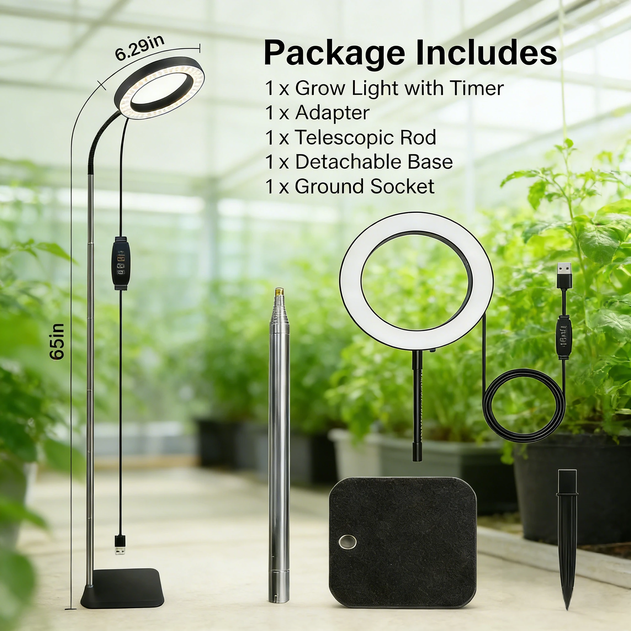 72 LEDs Full Spectrum Plant Grow Light 65 Inch Adjustable Height Automatic Timer with 3/9/12 Hours 10-Level Brightness 360 Degree Gooseneck for Indoor Plants Homes Offices
