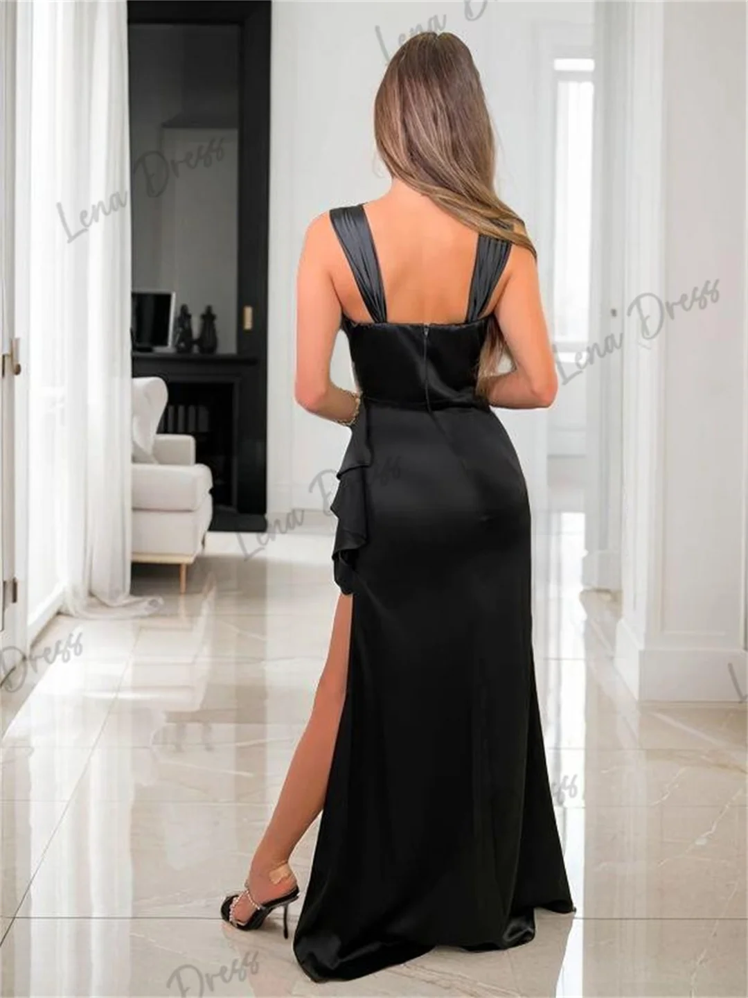 Lena Special Occasion Dresses for Formal Occasions Fish Tail Black Satin Dress Women Elegant Party Dresses Woman Side Slit Gala