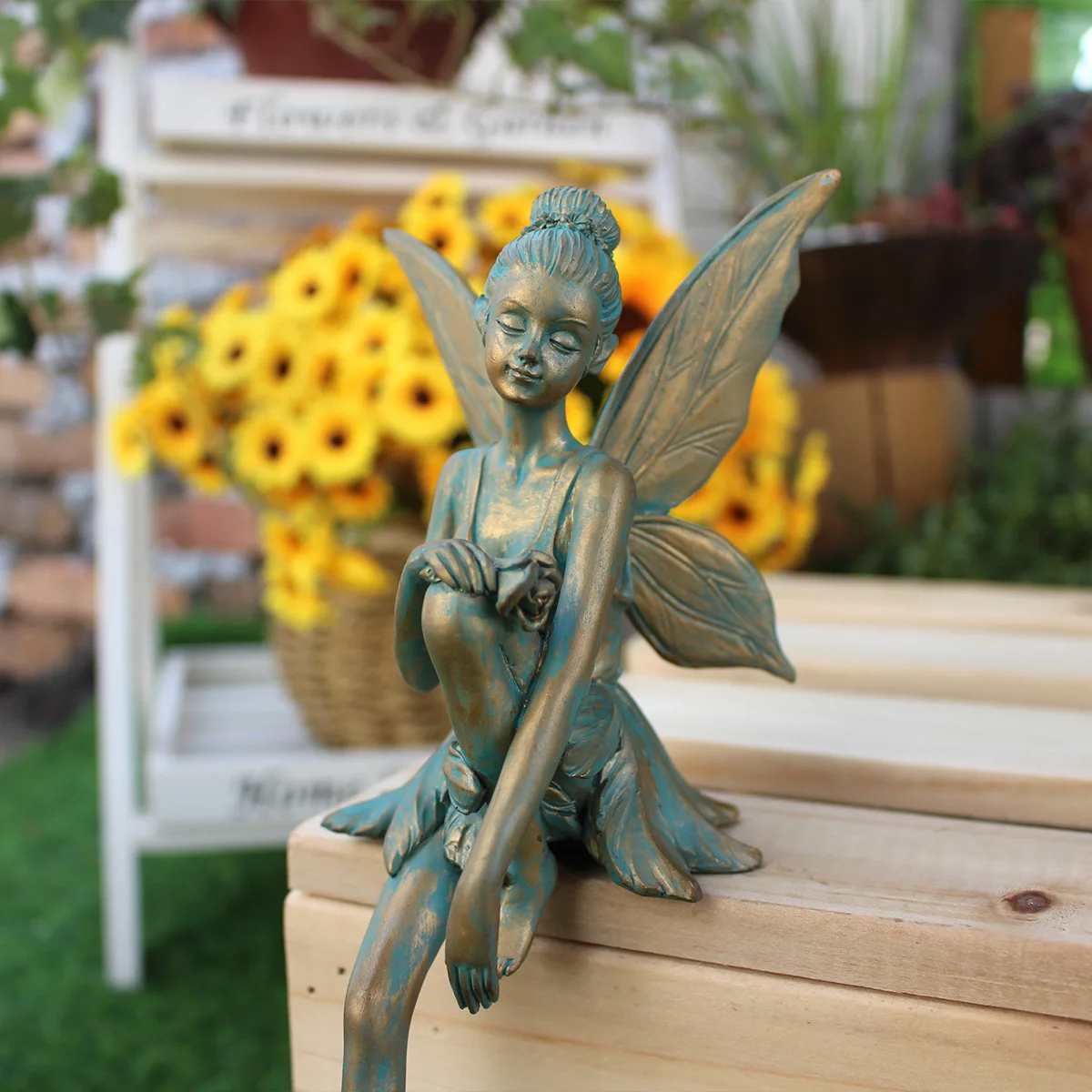 

Resin Imitation Copper Angel Sitting Position Wings Elf Suitable For Desktop, Courtyard, Lawn, Flower Pot, Valentine'S Day Gift