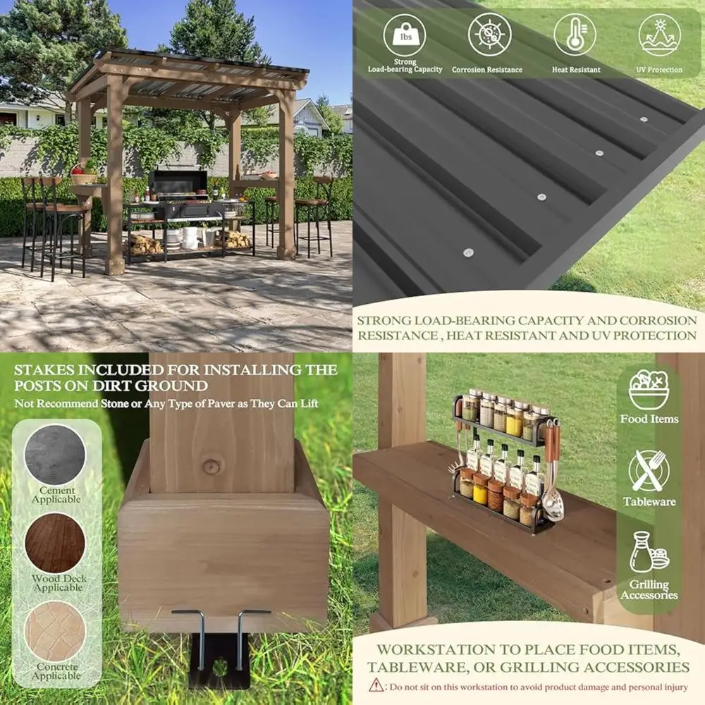 

8 x 5 ft outdoor wooden grill gazebo with sloping metal roof, heavy duty bbq gazebo, cedar frame pavilion with 2 side storage s
