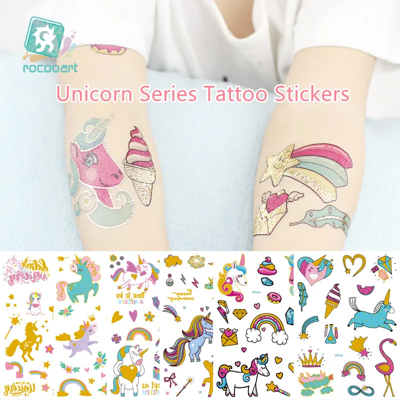 Simpatici adesivi per tatuaggi temporanei impermeabili con trasferimento d\'acqua arcobaleno unicorno dorato per tatuaggi finti regalo per bambini