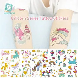 Autocollants de tatouage temporaire, motif licorne dorée arc-en-ciel, transfert d'eau, imperméable, pour garçon et fille, faux tatouages, cadeau pour enfants