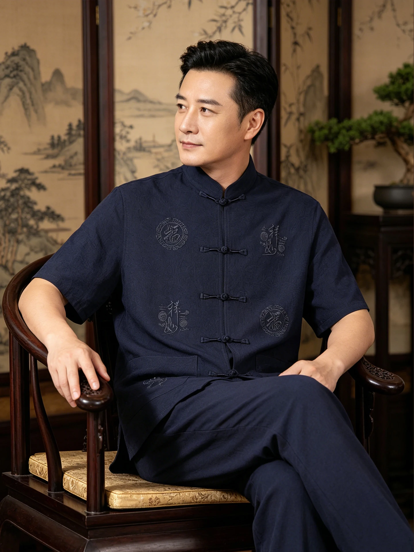 夏用半袖綿麻セット-中高年男性向け-中国風刺繍入りカジュアルウェア-快適なフィット感