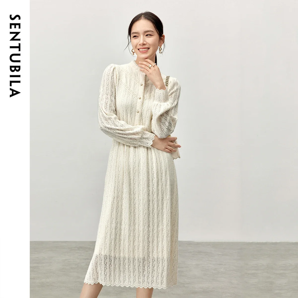 SENTUBILA Hollow Out Lace Dress For Women 2024 Winter Temperament A-line Solid Stand Neck Elegant Ladies Maxi Dress 144L57230