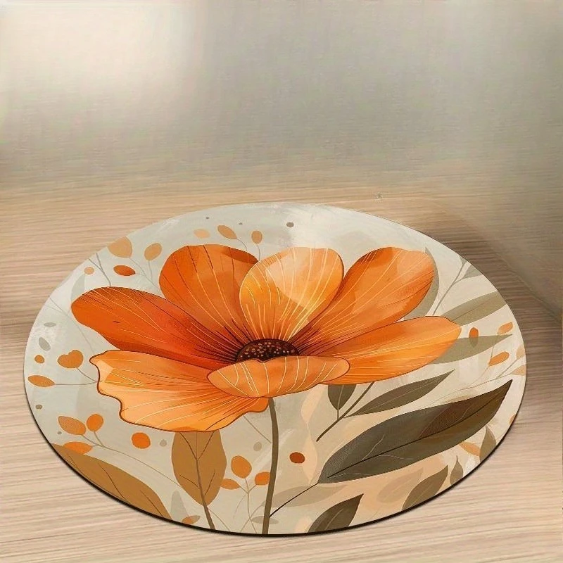 Watercolor Orange Floral Round Rug  Autumn Poppy Flower Circular Mat Non Slip Floor Carpet Boho Bedroom Vanity Decor
