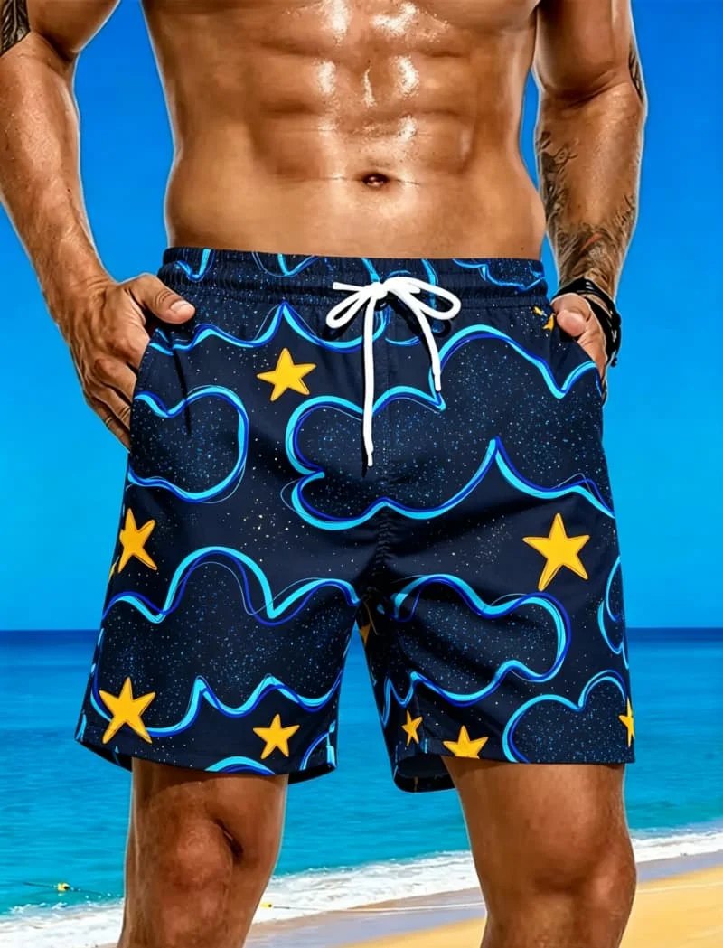 Men's summer trend graffiti themed beach shorts with loose drawstring design, suitable for beach vacations and summer travel