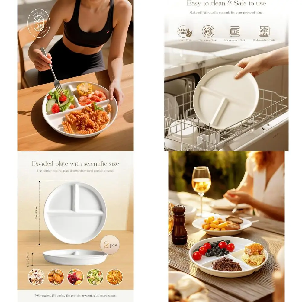 

9 Adult Weight Loss Ceramic Plate, 3-Section Portion Control, Dishwasher and Microwave Safe, White (2 Pack)