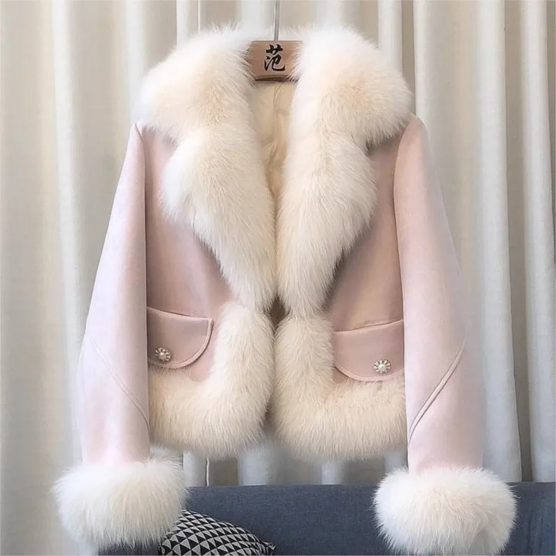 A new short women's fur coat made of mixed and cotton featuring deerskin velvet is fashionable