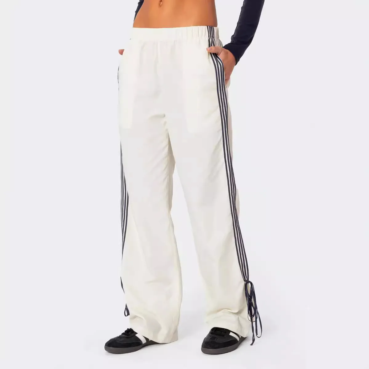 2025 European and American Street Leisure Fashion Versatile Sports Style Four Bar Contrast Straight Leg Pants Women's Trendy Pan