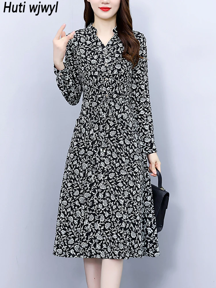 Robe chemise noire vintage à col en V pour femmes, tambour élégant, robe de Rhchic, manches longues, fête, mi-longue, éducatif, décontracté, printemps, automne, 2024