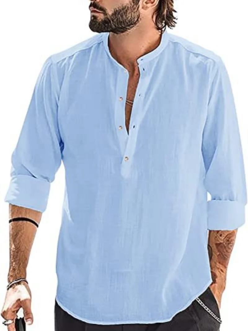 

Men's Casual Long Sleeve Henley Shirt Mandarin Collar Solid Color Loose Fit Pullover Top