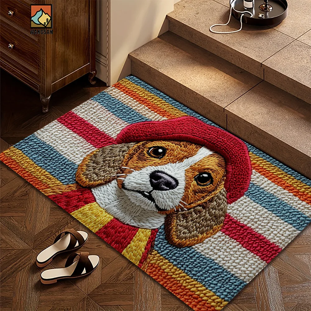 2D Embroidered Beagle Doormat, Colorful Striped Background Non-Slip Entryway Rug, Dog Lover Decor  Kitchen Mats for Floor