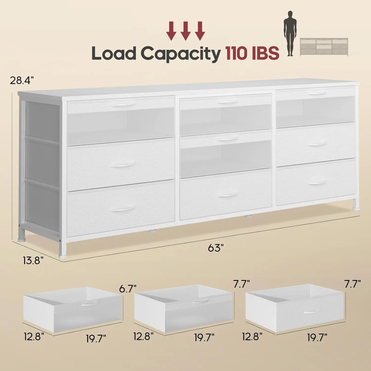 

63" Dresser for Bedroom,4 Reversible PU & Clear Mesh Drawers Organizer, Long Dressers , Wide TV Stand up to 75", (White)