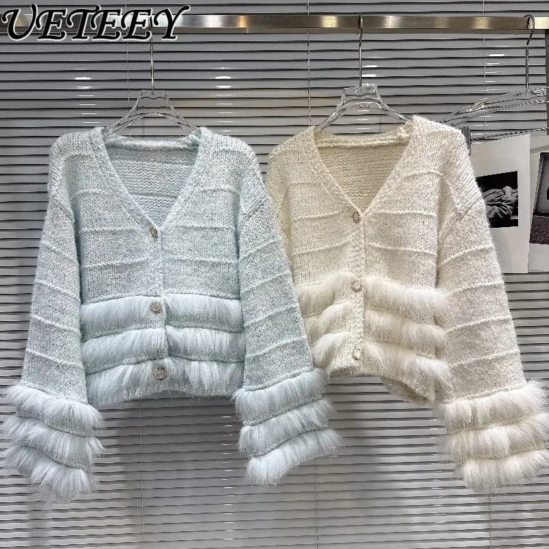 

Autumn New Sweet Girl Gemstone Button Furry Patchwork Knitted Sweater Elegant V-neck Versatile Cardigan Coat for Women