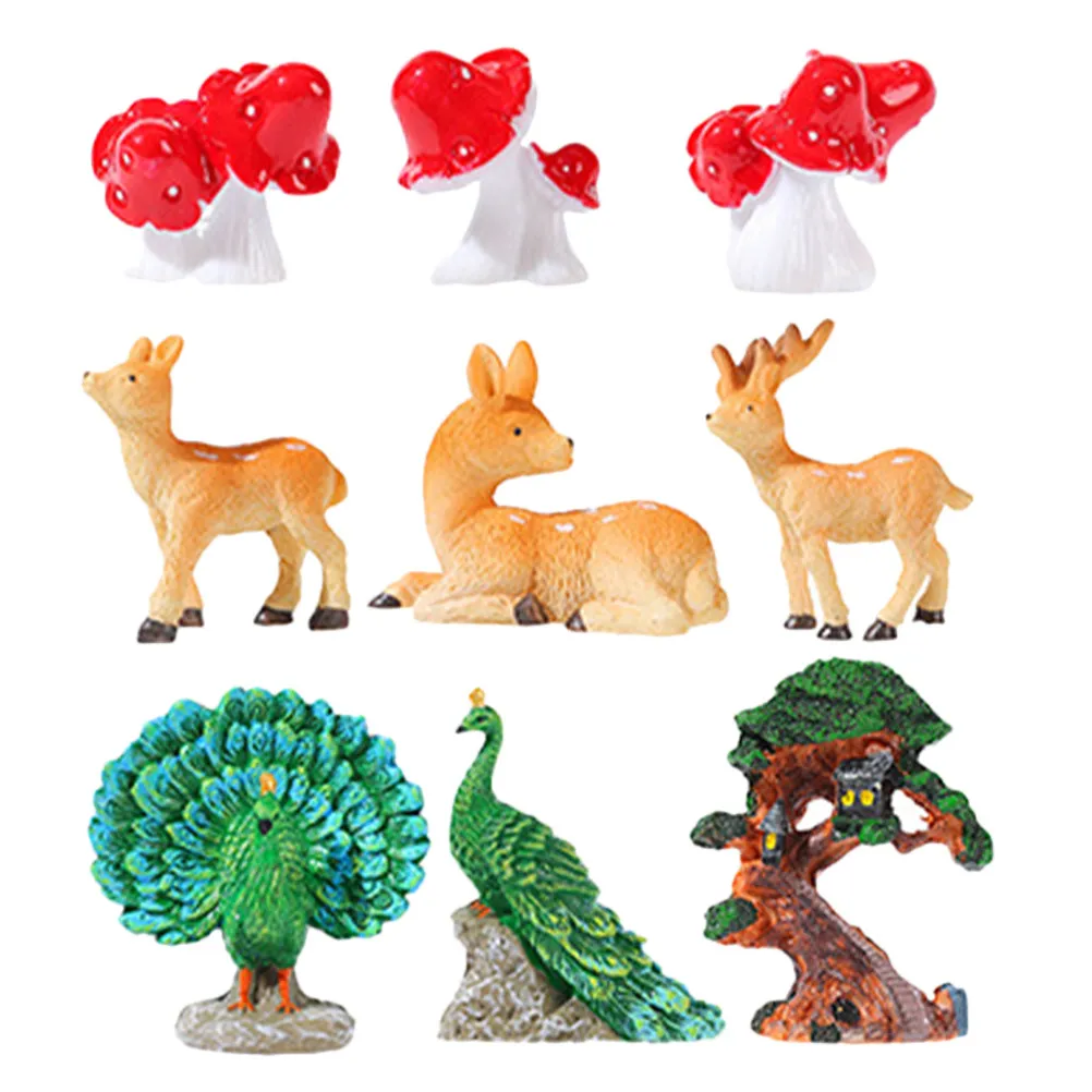 1Set Resin Micro Landscaping Ornament Set Cute Peacock Deer Mushroom Figurines for Backyard Patio Pond Desk Cabinet Decor Gift