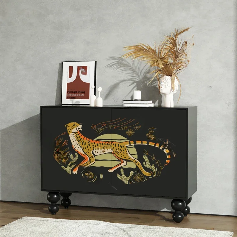 Modern retro money leopard living room, bedroom, cabinet integrated with wall storage, solid wood storage