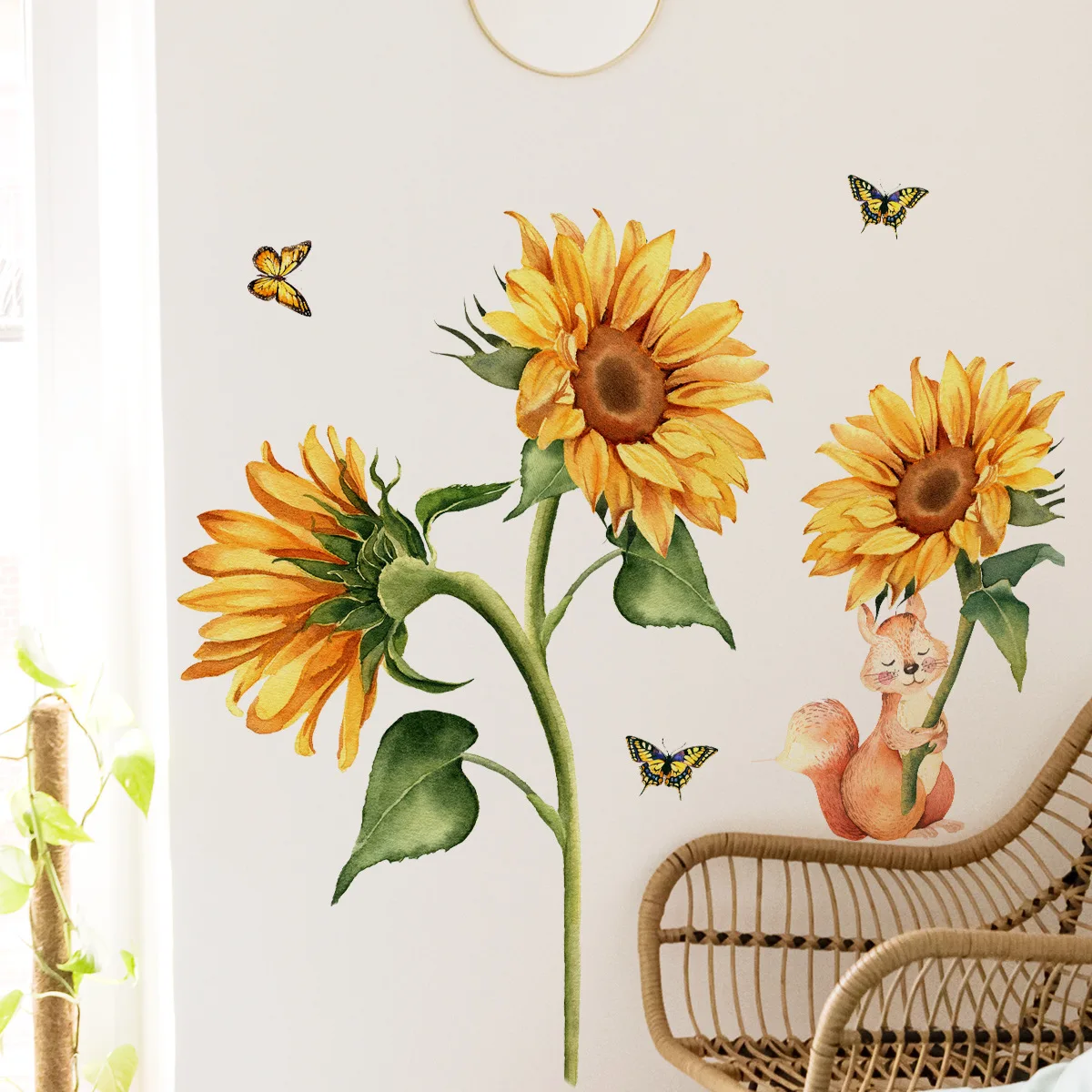 2pcs Fresh Green Plants Sunflower Butterfly Wall Sticker Living Room Room Decal  Wall Sticker Self-adhesive Mural Wall Sticker