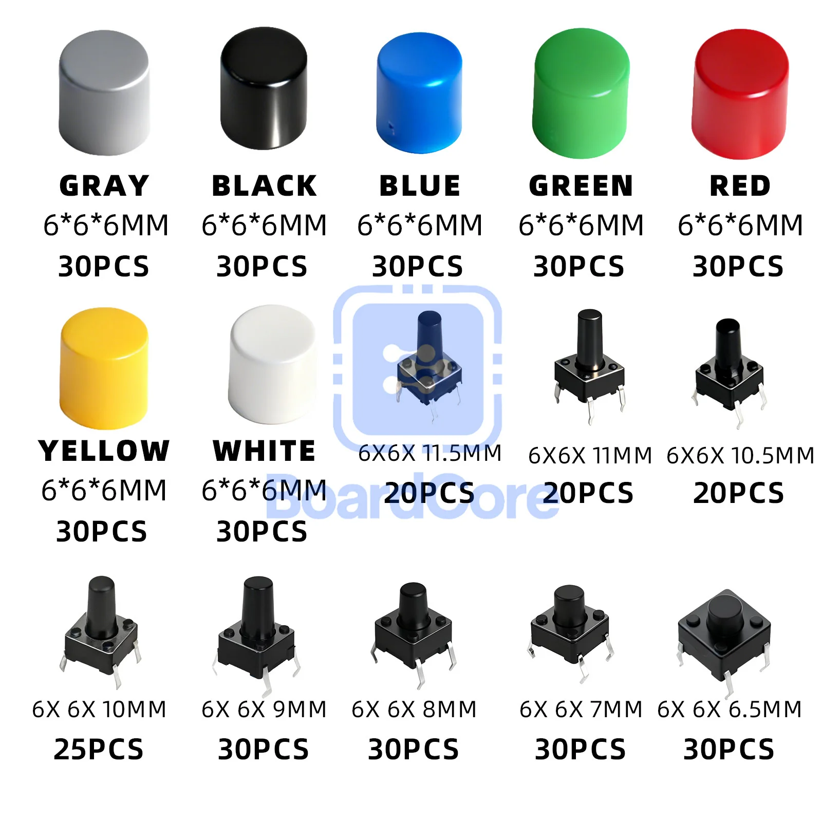 420PCS Tactile Push Button Switches Kit -8 Types with Caps, DIP 6x6x6.5/7/8/9/11mm Through Hole Assorted Box for Electronics