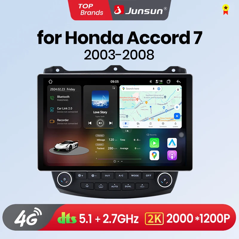 Junsun-V3 Plus 2K Android 13 CarPlay sans fil, Auto, Systèmes intelligents de voiture pour Honda Accord 7 2003-2008 7870 Autoradio