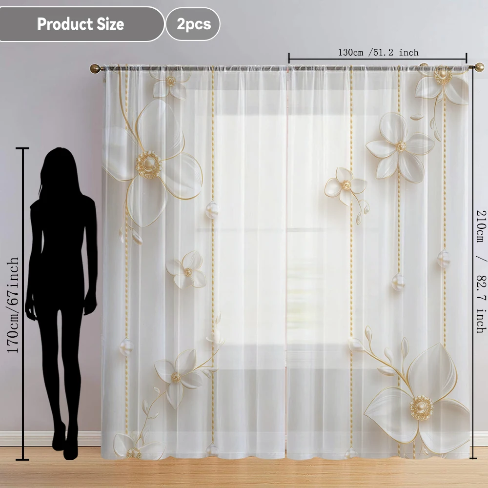 2Pcs Gold Chain Pearl White Flower Print Home Decoration Window Screens Suitable For Coffee Shops, Restaurants, Bedrooms