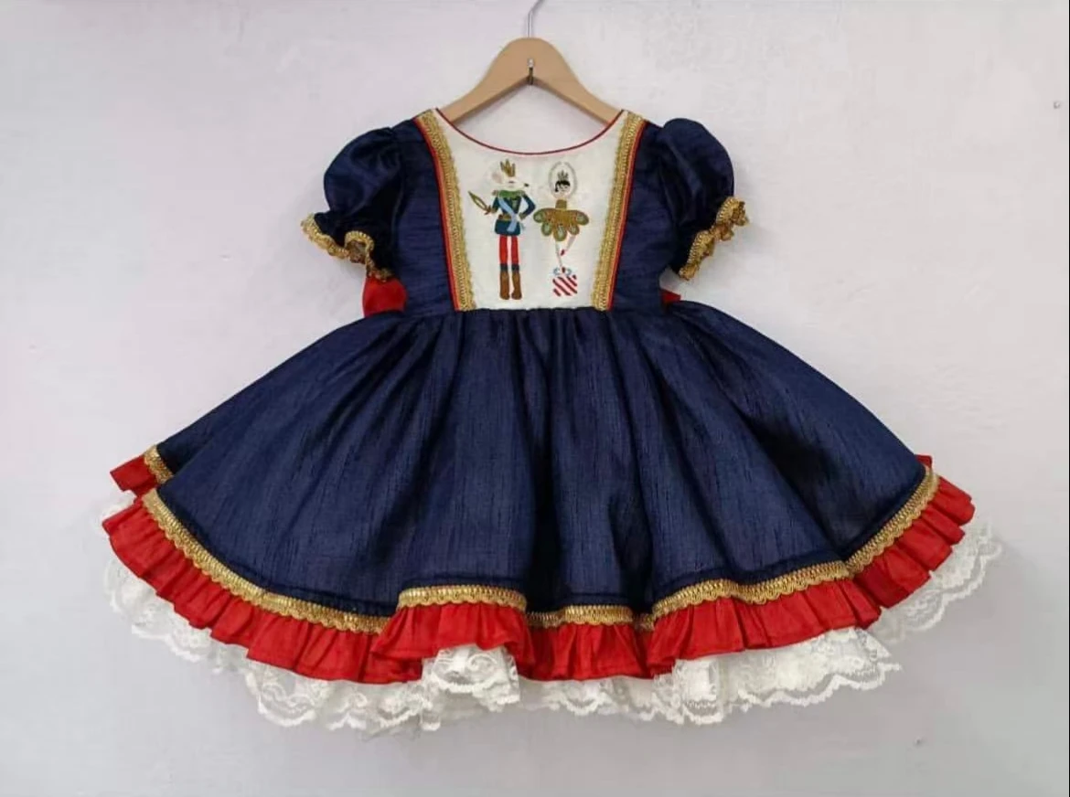 0-12Y Baby Girl Summer Nutcracker Elf Embroidery Navy Blue Vintage Princess Dress for Birthday Holiday Eid Christmas B465