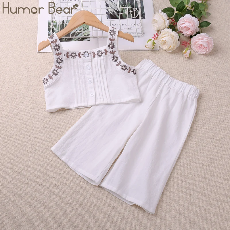 

Humor Bear Korean Style Girls Set Single Breasted Embroidery Vest+Wide Leg Pant 2Pcs Kids Outfit Childrens Wear