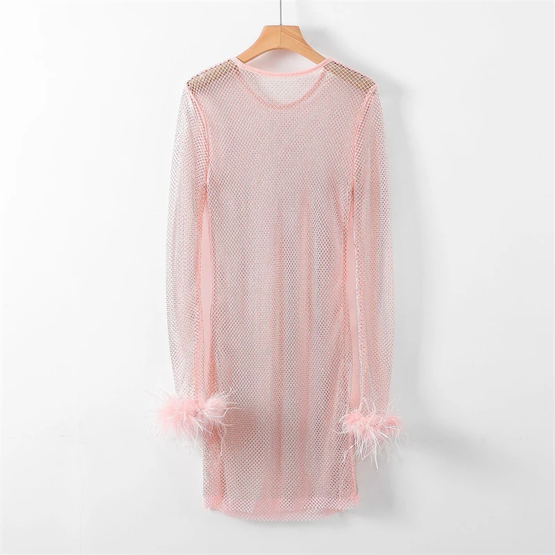 Damen Strass-Mesh-Midikleid, Durchsichtiges Netzkleid, Figurbetont, Glitzernd, Transparent, für Party, Nachtclub, Festival, Rave, Cocktail, Clubwear – Detail 5