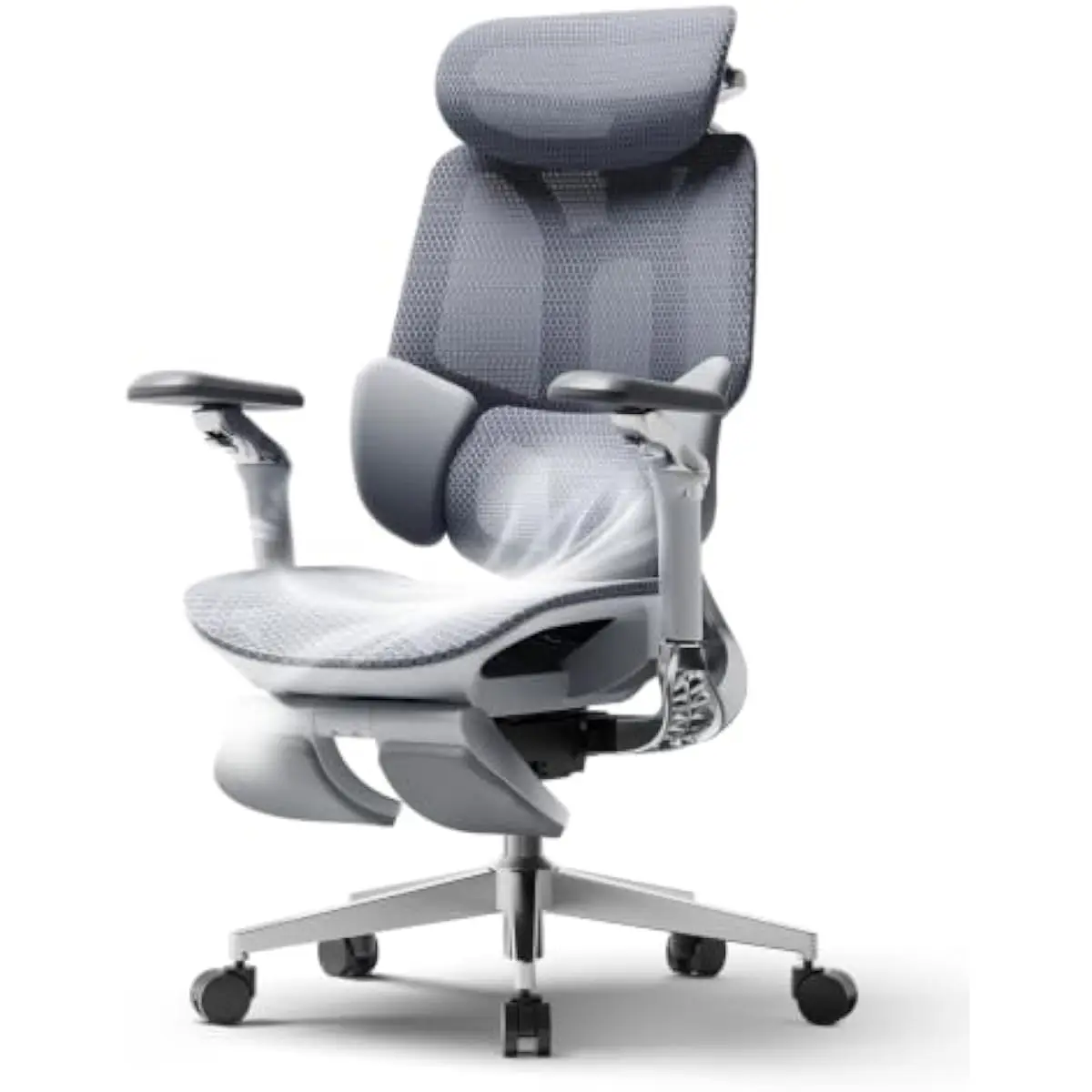Ergonomic mesh office chair with dynamic 3-zone lumbar adaptation, 4D dual-axis headrest offering 70mm depth and 70° rotation, 1