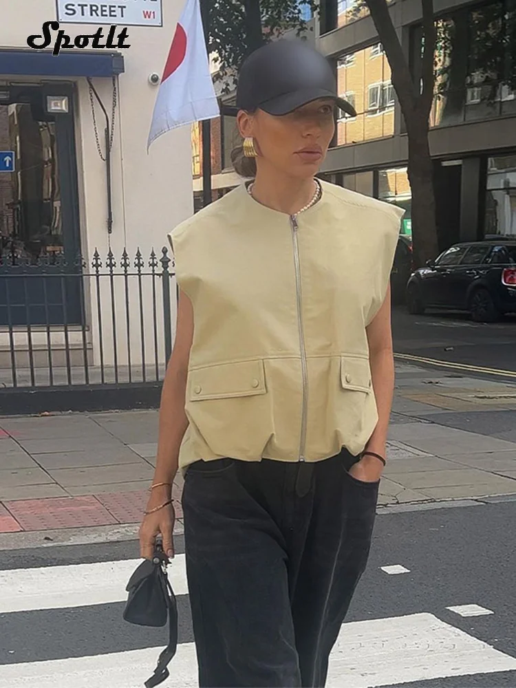 

Women Chic Casual Loose Zipper Office Coat Elegant Fashion O Neck Sleeveless Cropped Waistcoat New Female Commute Streetwear