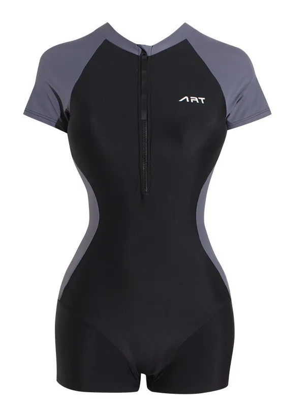 Women's Color Blocking One-piece Short Sleeved Thin Swimsuit Tight Rash Guard Surf Bodysuit Female Swimwear