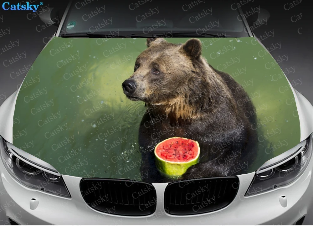 Bear Holding A Watermelon Car Hood Vinyl Sticker Wrap Film Engine Cover Decal Protect Sticker Car Accessories Decoration Gift