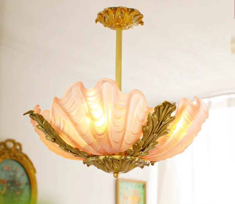 

Medieval shell glass chandelier pink French retro light luxury American bedroom cloakroom lamp