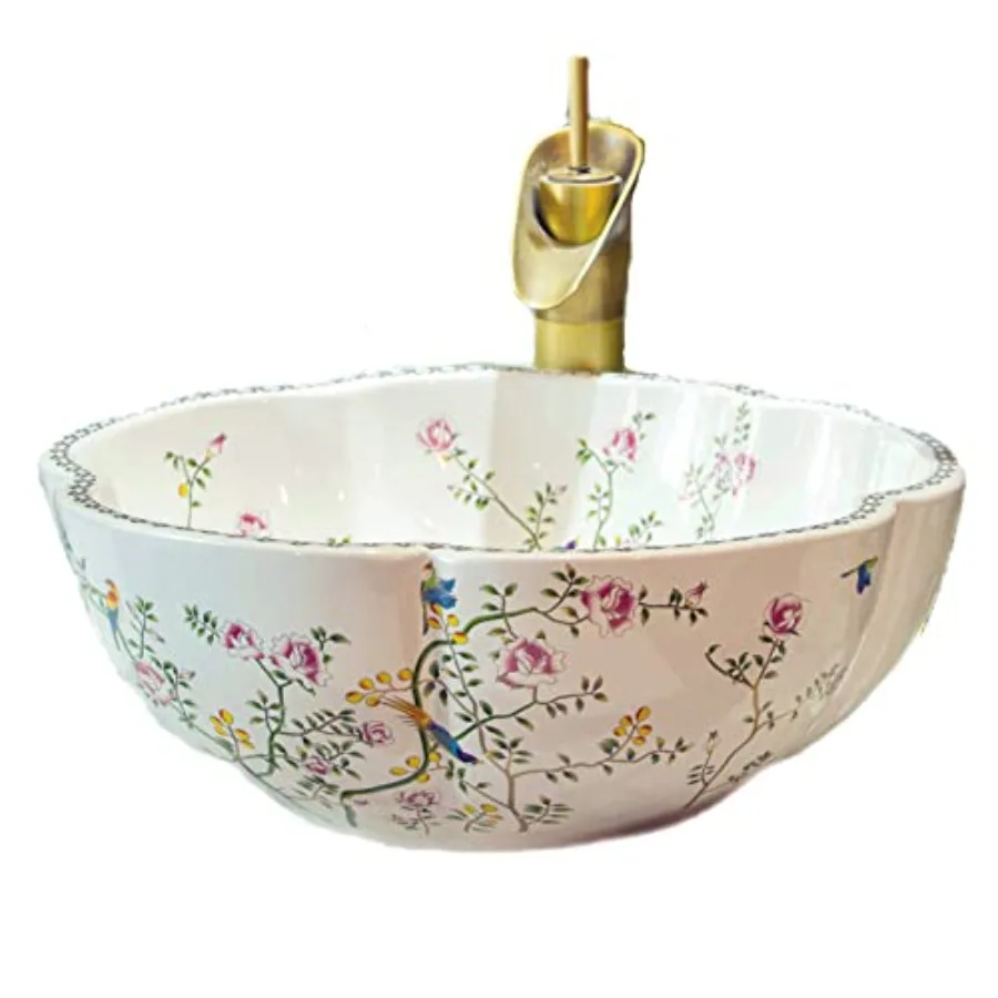 

Ceramic Bathroom Vessel Sink Bowl White Color Art Above Counter Vanity Wash Basin with Flower Shape and Flower Bird Pattern1Sin