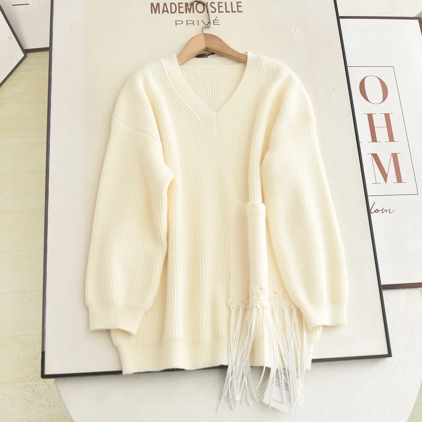 

Свободный вязаный свитер с кисточками V-Ne Lazy Sle, женский топ, французский сле, осень-зима, Новое поступление, трикотаж, повседневная мода